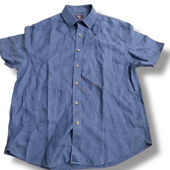UNTUCKit Mens Medium Blue 100% Linen Short Sleeve Button‎ Up Shirt Cameron - Picture 2 of 9